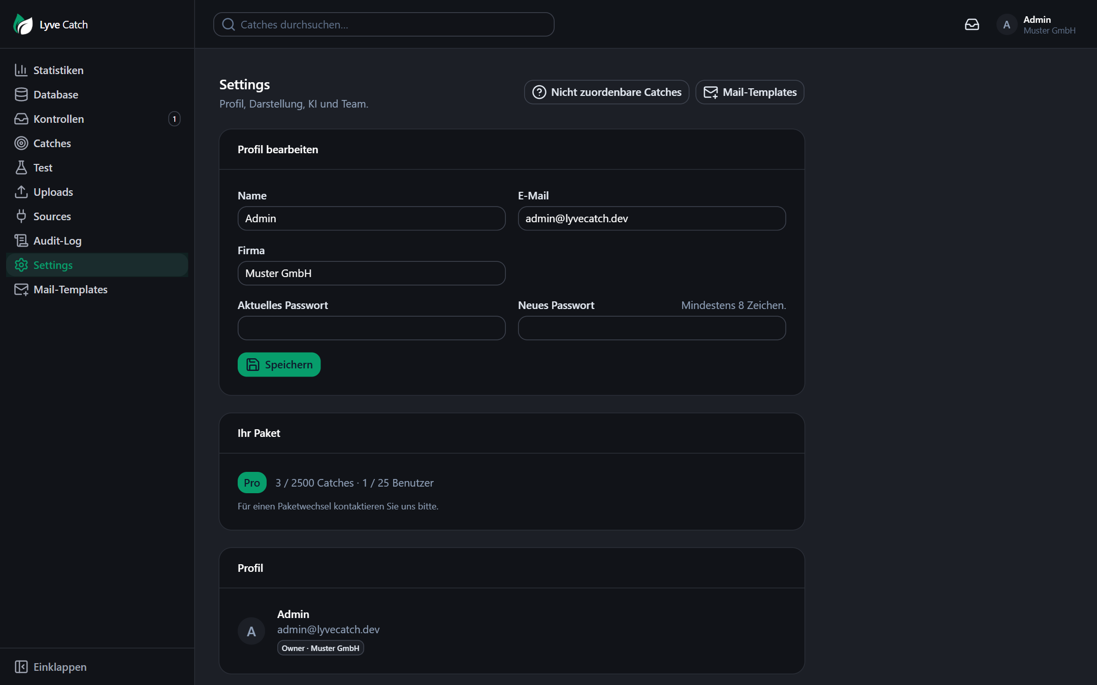 Settings: Profil, Darstellung, KI, SMTP, Team